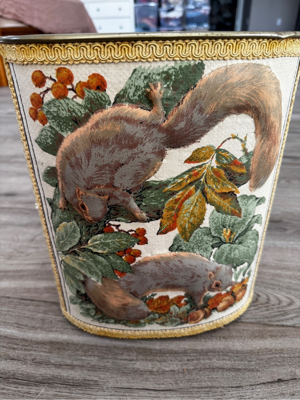 J.L. Clark upholstered squirrel woodland creature cottagecore metal trash can